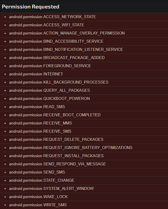 Full list of Android permissions requested by the APK including SMS, MMS, overlay, accessibility, and network state