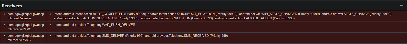 Android receivers showing bootReceiver (BOOT_COMPLETED, QUICKBOOT_POWERON, WiFi state), receiverMMS, and receiverSMS