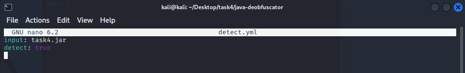nano editor showing detect.yml with input: task4.jar and detect: true