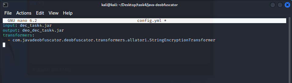 nano editor showing config.yml with StringEncryptionTransformer configured as the transformer