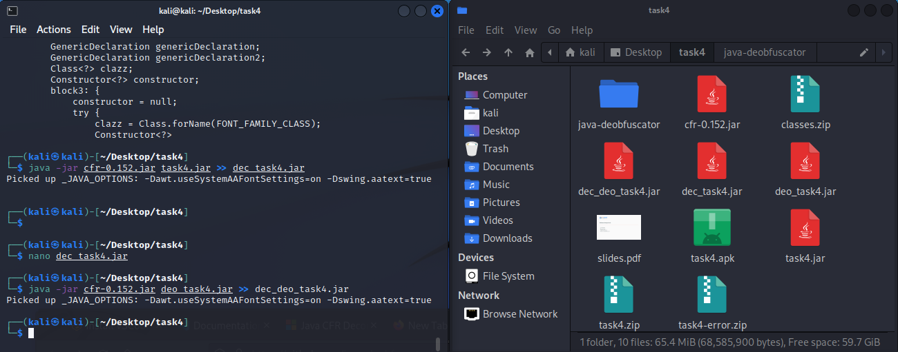 Java Deobfuscator running in Kali terminal alongside file manager showing the deobfuscated jar artifacts