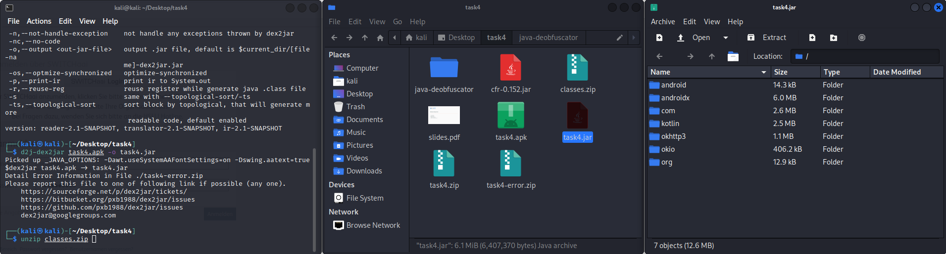 dex2jar extracting task4.apk in Kali terminal alongside the resulting jar file in the file manager