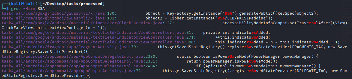 grep -Hirn RSA results showing matches in x.java:130 and x.java:131 for KeyFactory and Cipher RSA operations