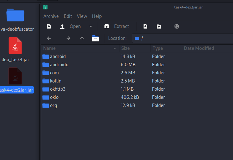 Jar archive structure showing android, androidx, com, kotlin, okhttp3, okio, and org top-level directories