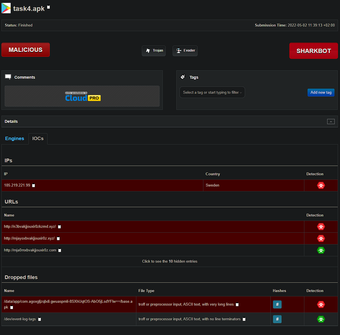 JoeSandbox overview showing MALICIOUS / SharkBot classification, C&C IP 185.219.221.99, hardcoded C&C URLs, and dropped files